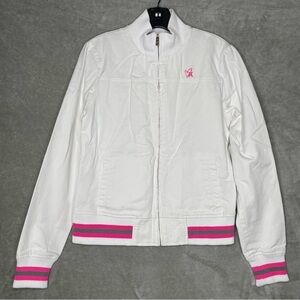 Hurley White Varsity Bomber Jacket Juniors Size L Pink Trim Full Zip